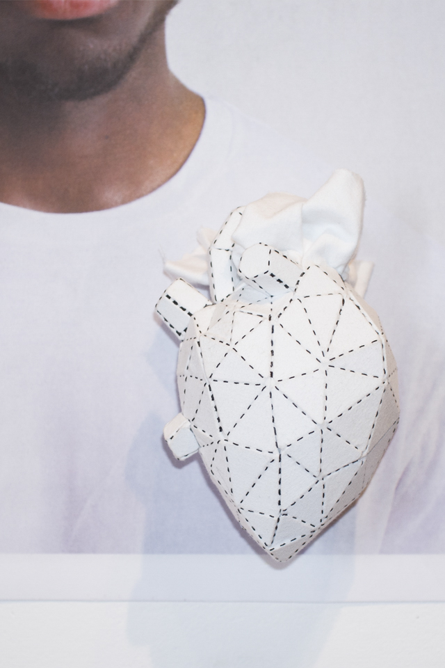 The Heart | made from Cotton Fabric, Polypropylene triangles, black Thread, Memory foam, by Lena Wunderlich